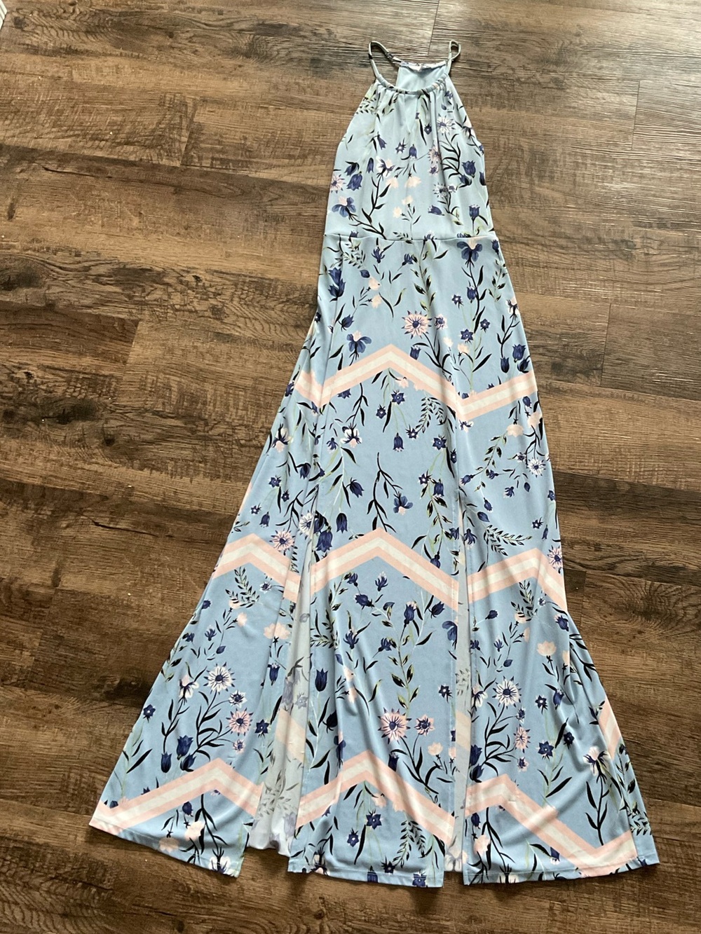 Candie's Blue Floral Halter Maxi Dress with Pink Chevron Accents